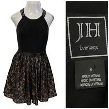 JH Evening Dress Womens Size 8 Cocktail Party Halter Lace Studded Holiday Black
