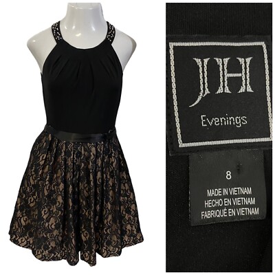 JH Evening Dress Womens Size 8 Cocktail Party Halter Lace Studded Holiday  Black | eBay
