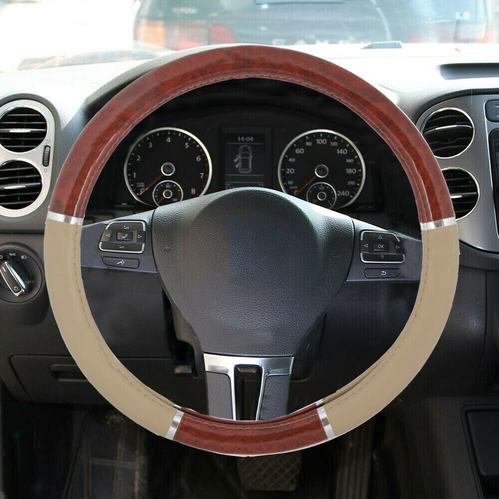 Beige Wood Grain Car Steering Wheel Cover Good Grip Syn Leather Accessories