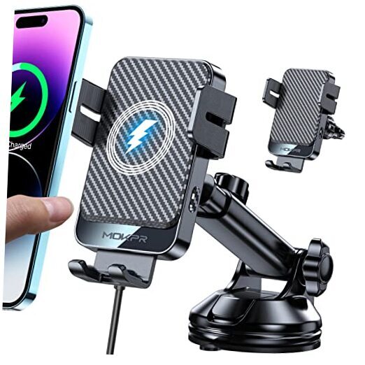 Wireless Car Charger,  15W Fast Charging Auto-Clamping Car Mount Universal Grey