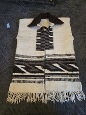 Vintage Handwoven Mexican Poncho Vest with Fringe Cowboy Gaucho Geometric Design