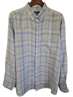 Vineyard Vines XXL 100% Linen Plaid Shirt Blue Coastal Beach Classic Tucker