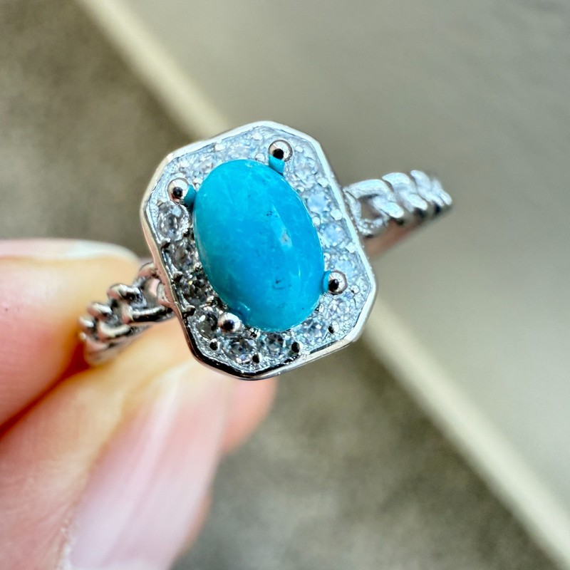 925 Sterling Silver Ring 5x3mm Natural Blue Turquoise Gemstone Zircon Jewelry