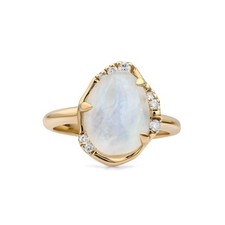 Solid 14K Yellow Gold Genuine Rainbow Moonstone Diamond Statement Ring For Her