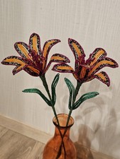  NEW 2 handmade French beaded TRI tone lilies lily flowers Orange Red Gray
