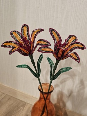Bright Tricolor French Beaded Lilies   Handmade Everlasting Flowers   Set of 2 