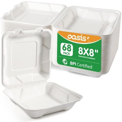 [8x8, 68-Pack Disposable Clamshell Take Out Food Containers, Biodegradable Pa...