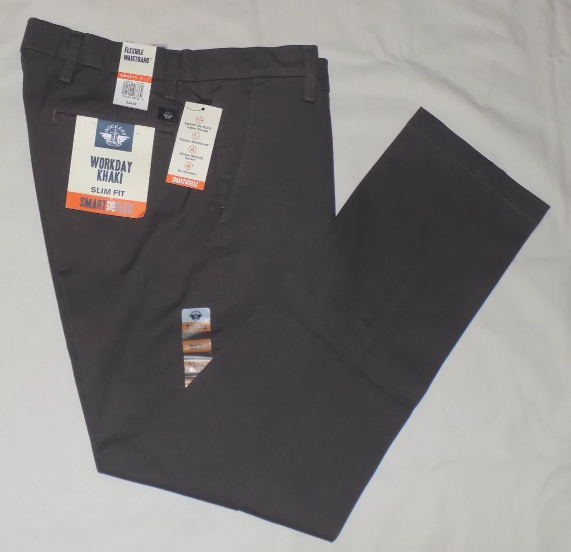 DOCKERS Men's Workday Khaki 4-Way Stretch Slim Fit Pants Dark Gray 33X32 New