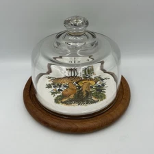 Vtg. Goodwood Teak Wood Cheese Board Tray Glass Dome Cloche Lid Mushrooms