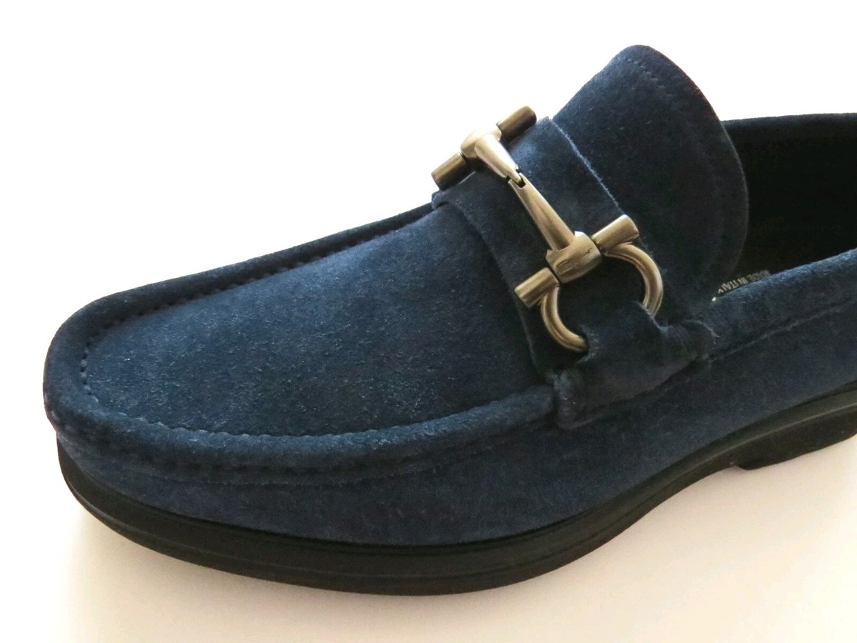 $850 SALVATORE FERRAGAMO Blue Gancini Calf Suede Shoes Loafers 6