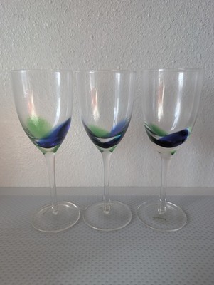 Set of 3 Elements Art Glass Wine Goblets Blue Green Swirl 8.5  Tall