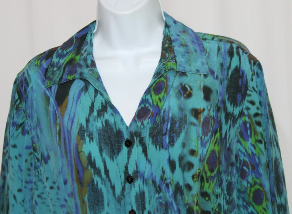 Blusa TIANELLO Sudyne Grande Manga 3/4 Turquesa Botón Frontal Seda SP-128=#20 Foto 2 de 4