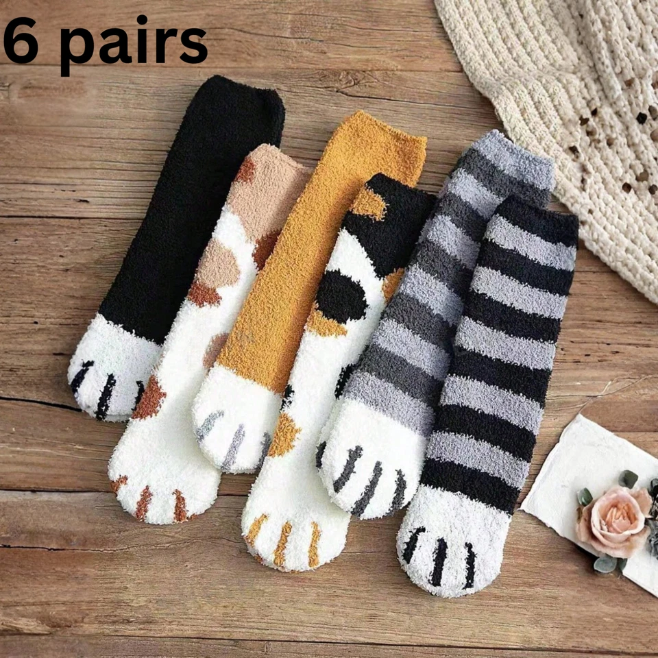 6 pares de calcetines para mujer difusos de invierno mullidos acogedores cálidos lindos con patrón de pata de gato/tigre Foto 2 de 4