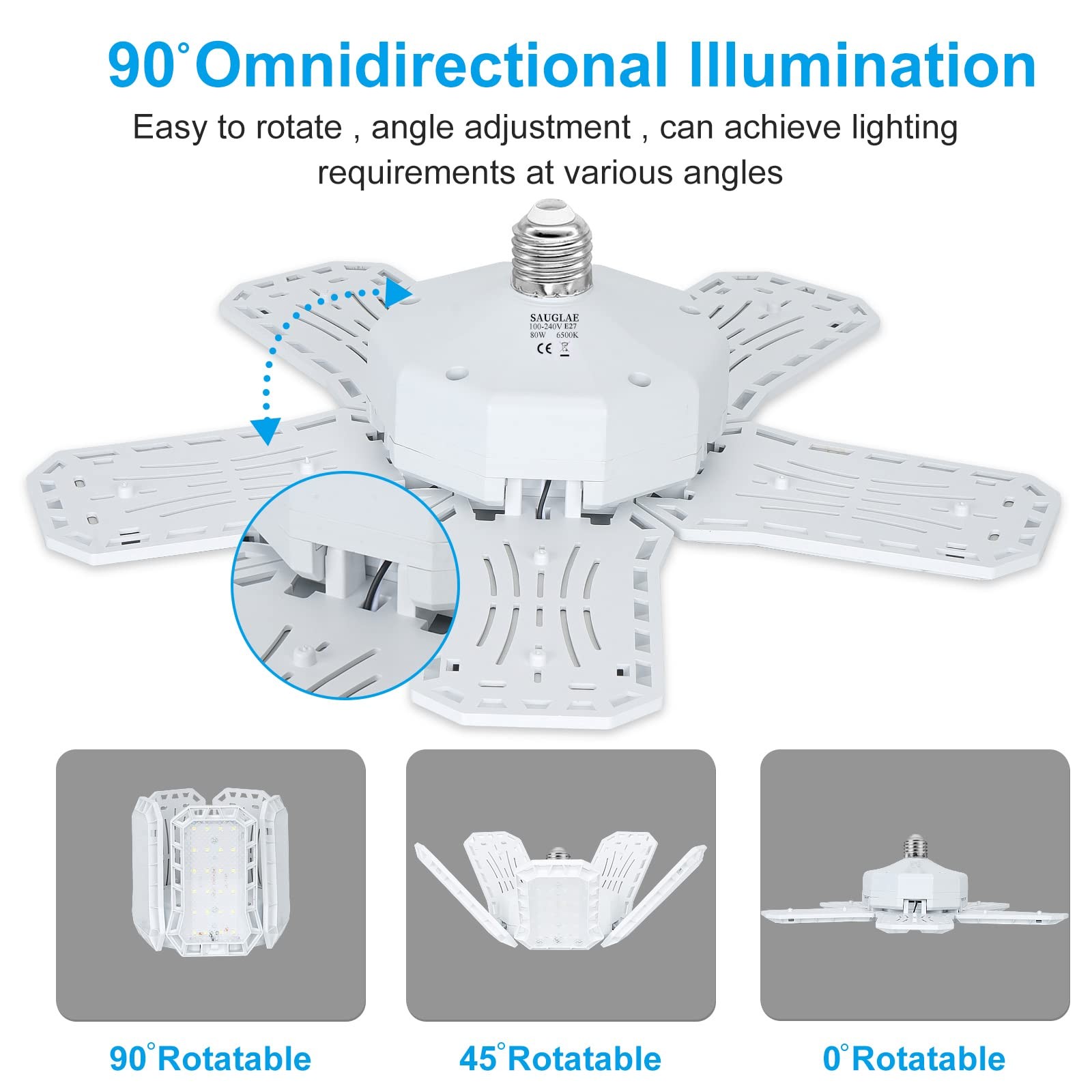 Lampe garage LED déformable 80W 9000LM avec panneaux orientables E27