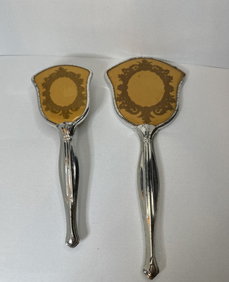 Vintage Hand Held Brush and Mirror Set Metal Trim Silver Tone Vanity Set 2 Piece