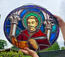 Antique 19thc religious church stained glass window panel saint anthony padua