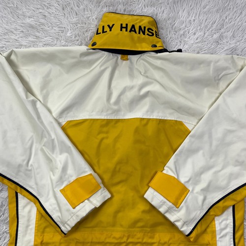 VTG Helly Hansen Jacket Mens XS Yellow White Sailing Big Logo Hooded 90s Nylon - Picture 9 of 14