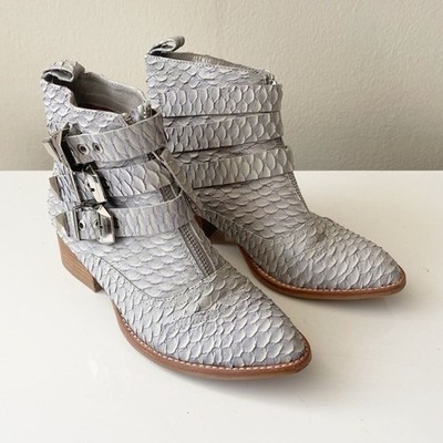 JEFFREY CAMPBELL Allman Snake Embossed Triple Buckle Ankle Boots Gray/Silver 