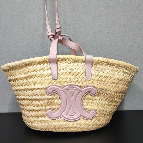 Celine Classic Panier Medium Tote Bag Straw Palm Leaf Pink Leather Triomphe