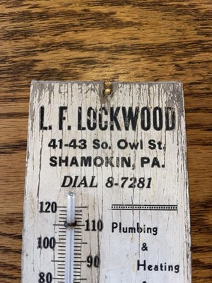 Antique Wooden Advertising Thermometer - L. F. Lockwood Shamokin, PA Stoves
