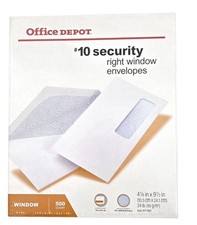 Office Depot 10 Security Right Window Envelopes 500 ct Box 4 1/8" x 9 1/2"