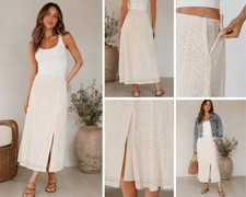 A New Day Eyelet Midi Skirt Size 12 Side Zip Front Slit Boho Cottagecore