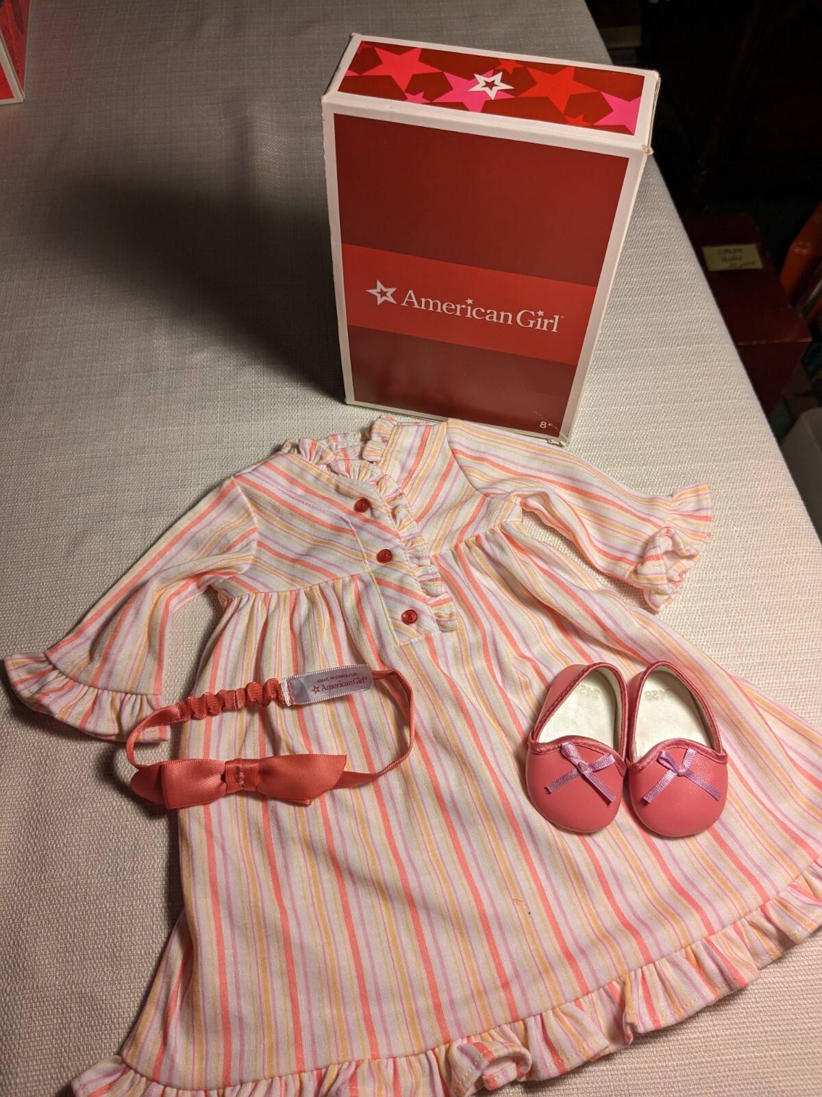 American Girl Doll KIT's STRIPED NIGHTIE Nightgown Headband Slippers