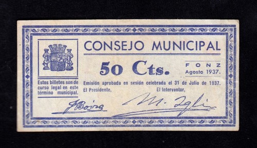 F.C. FONZ (HUESCA) , 50 CÉNTIMOS 1937 , EBC- . - 第 1/2 張圖片