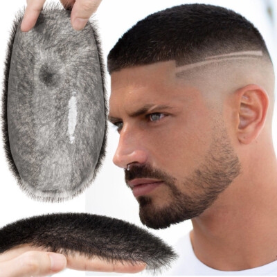 Herren 100% REMY Echthaar Skin PU Toupet Männer Haarteile Ersatz Toupee Wig 8*10