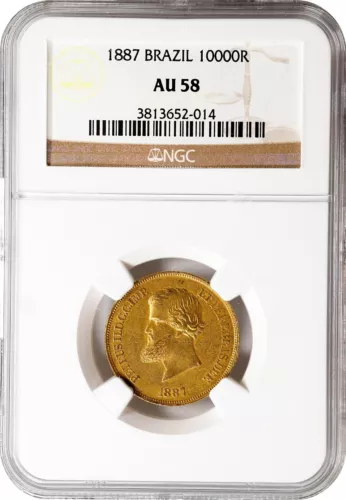 BRAZIL 10000 Reis 1887 Rio de Janeiro Mint Pedro II NGC AU-58