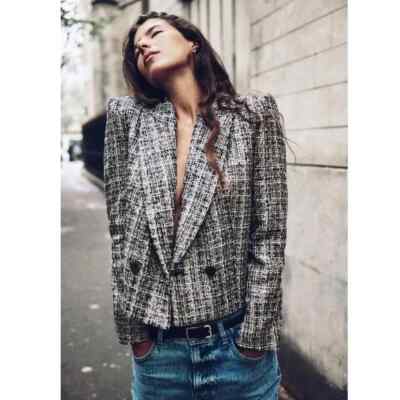 Zara Check Lapel Collar Metallic Double Breasted Buttoned Cropped Blazer XS NWT