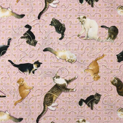 100% Baumwollstoff - Blanko Quilten - Sophisti-Katzen spielen mit Garn Kätzchen