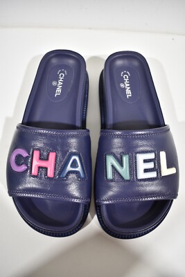 Chanel 22S Blue Lambskin Multicolor CHANEL Letter Logo Flat Slide