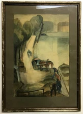GERMAN EXPRESSIONIST Painting ~ WORKERS ON THE SEINE ~ 1926 Signed LISTED ARTIST