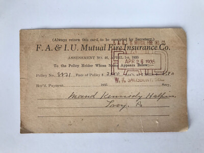 1936 Fire Insurance Card Troy PA Pennsylvania F.A. & I.U. Mutual 1 Day Ship! 