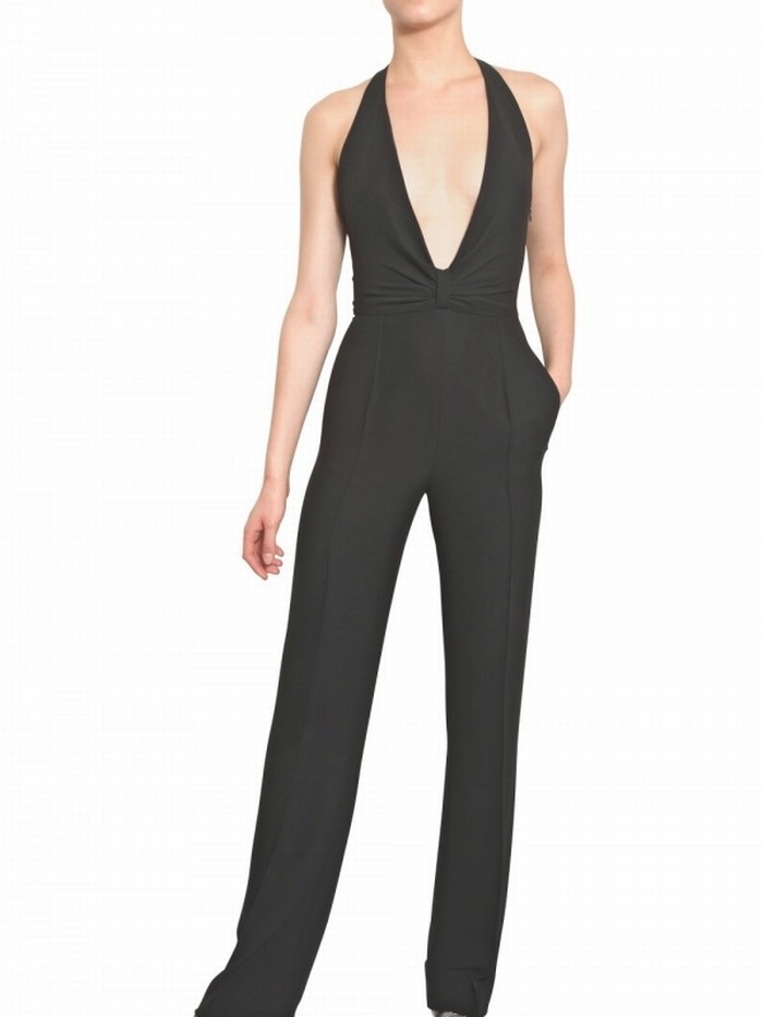 VALENTINO Black Silk Plunging Low Cut Open Back Dress Jumpsuit 42