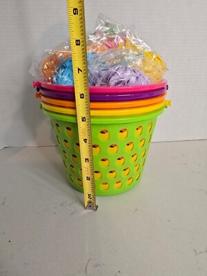 5 Plastic Easter Baskets With Handles And Multi Colored Fake Grass, NEW