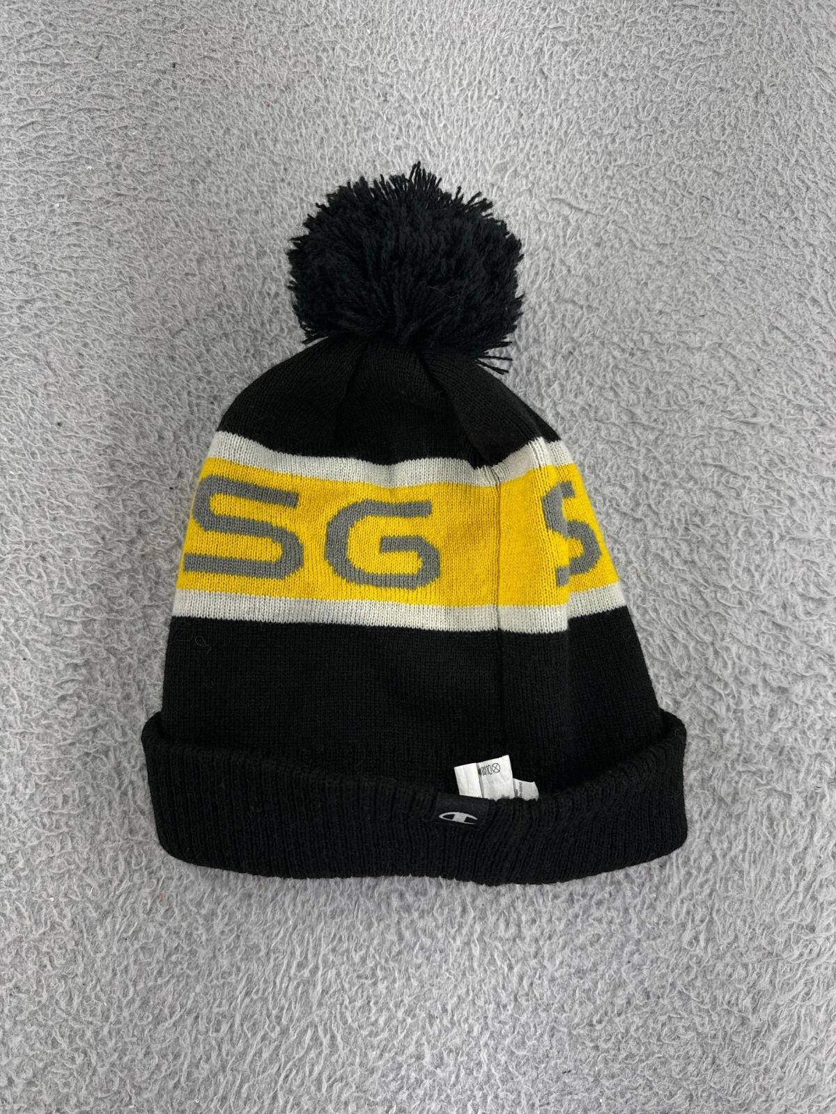 Champion Beanie Toque Adult One Size Black Yellow Knit 100% Acrylic Pom Ski Snow