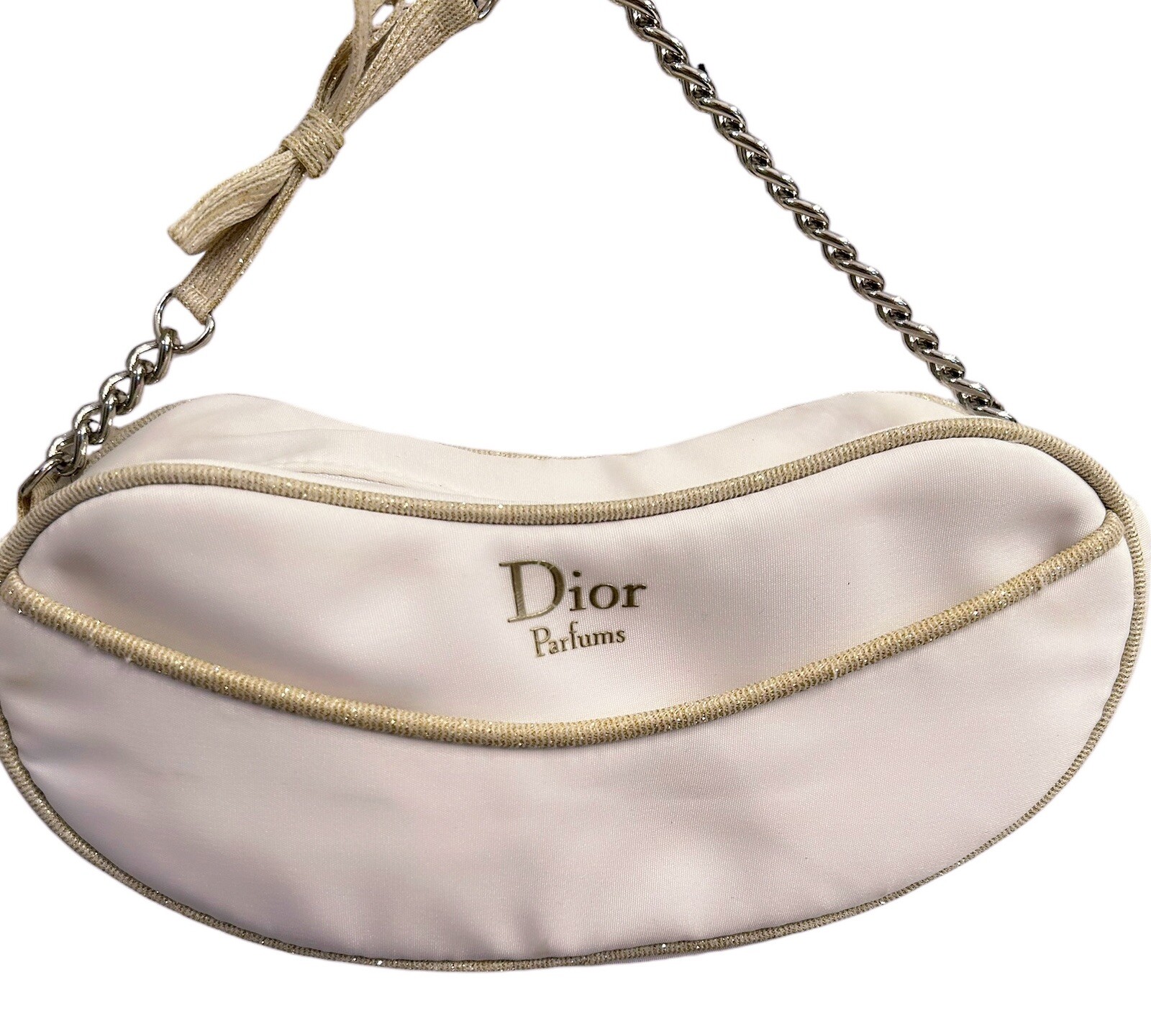 Dior White Kidney Shaped Makeup Bag with Silver Chain Handle