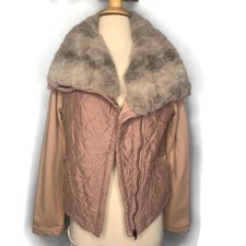 Marrakech Anthropologie Pink Quilted Spread Fur Collar Zip Up Jacket Size S