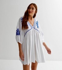 ✩Fab White Floral Embroidered V Neckline Batwing Sleeve Cotton Dress XL Plus✩