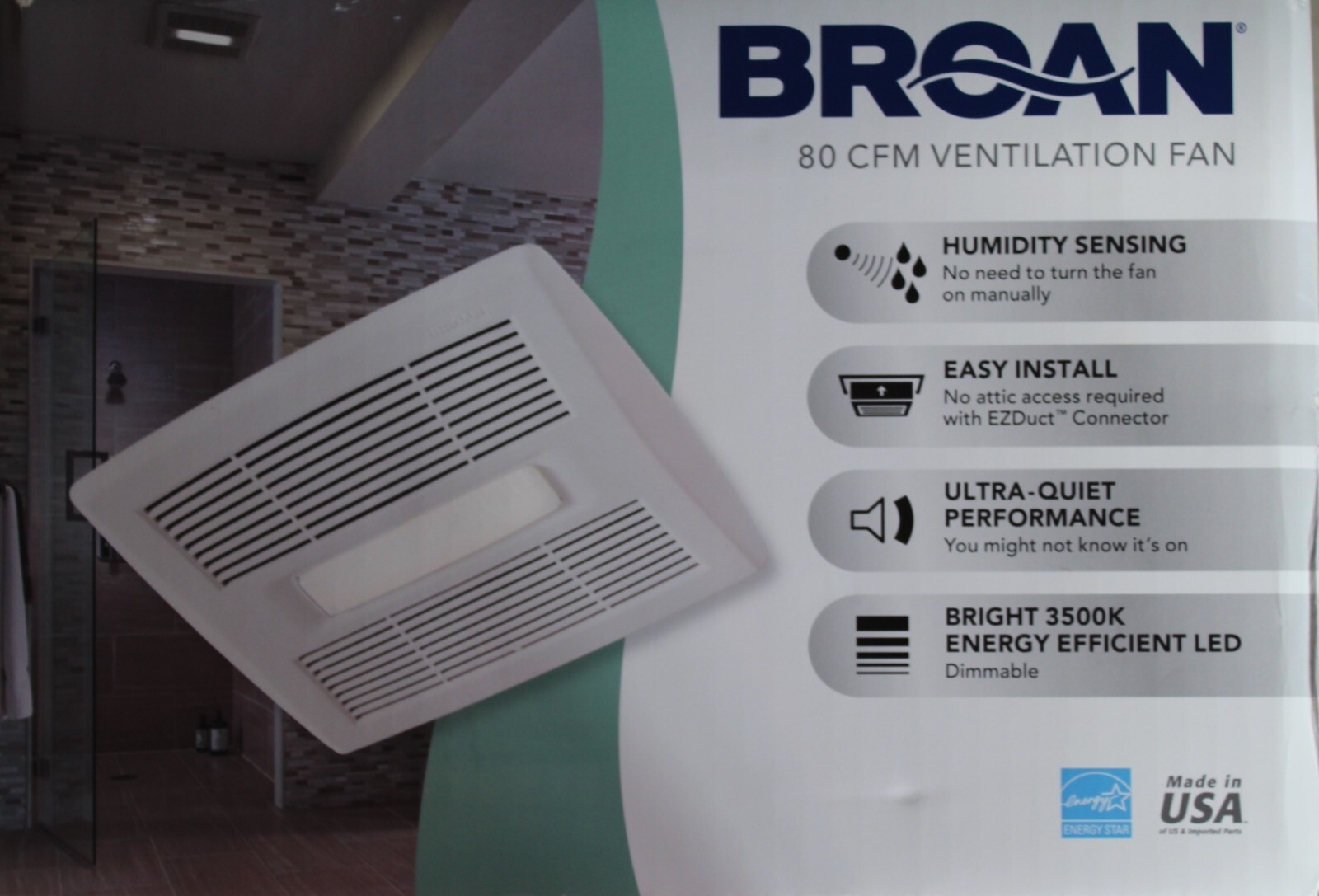 Broan Humidity Sensing Bath Ventilation Fan With LED Light