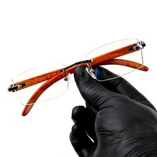 Men's Vintage Silver Frame Rimless Hip Hop Luxury Woodgrain Clear Lens Glasses