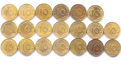 GERMAN Coin 20x 10 REICHSPFENNIG 1937 - 1939 Brass SWASTIKA 3RD WW2 Collection - Picture 5 of 7