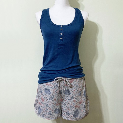 Lucky Brand Pajama Lounge Set Large Shorts Tank Top Blue Grey Floral - Picture 9 of 9