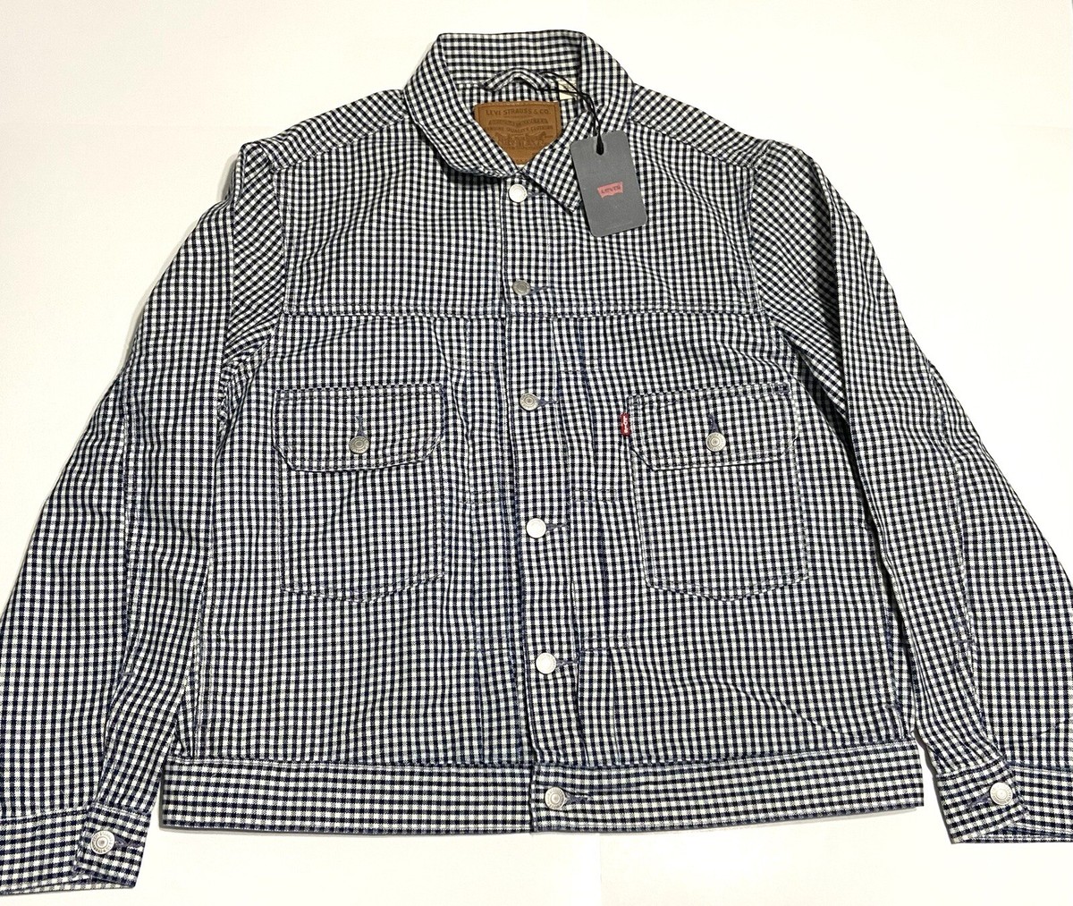 Levis Denim Jean Jacket Trucker Gingham Stripe Plaid Men's Large