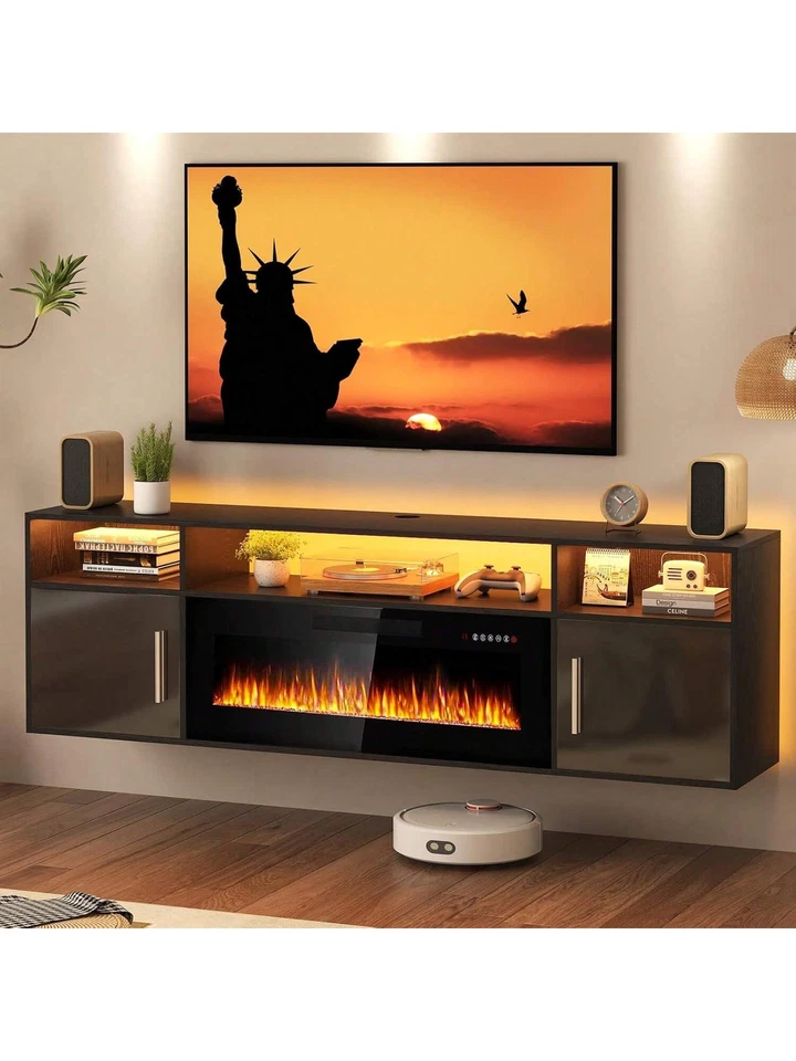  Floating Fireplace TV Stand Wall Mounted Shelf, Modern Wood Media TV Console  - Image 2 of 4
