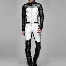 Men's Black Genuine Leather Biker Jumpsuit- Racing Style One-Piece Bodysuit Zip
