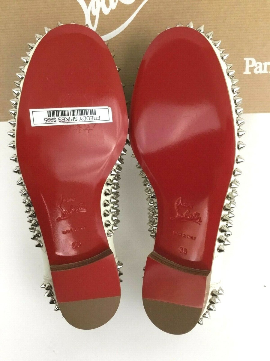 Christian Louboutin Freddy Spiked White Leather Loafer Flat Shoes