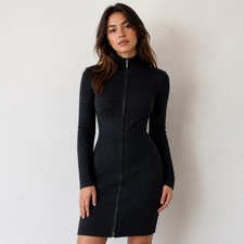 Calvin Klein Zip Front Sweater Dress Womens Large Charcoal Grey Ribbed Knit Long